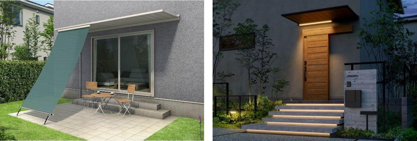 「ルシアス バイザー」施工イメージ：（左）後付け・窓用（右）先付け・玄関用・LED照明付き仕様