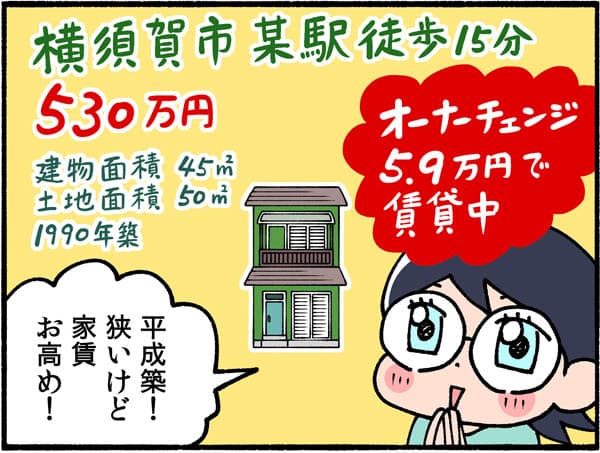 物件1：横須賀市某駅徒歩15分、530万円。建物45平米、土地50平米、1990年築。オーナーチェンジで5.9万円賃貸中ｂ
