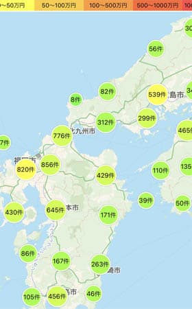 スマホアプリ：地価マップの表示例