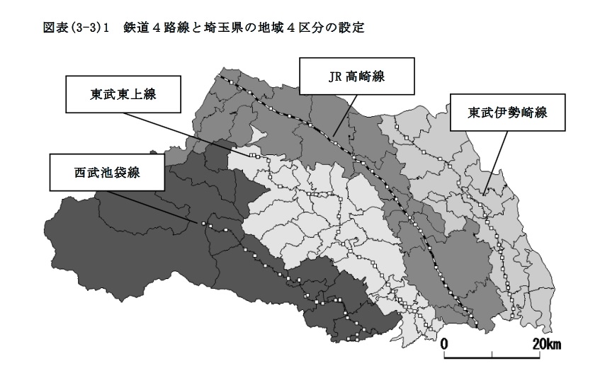 埼玉県内を走る主要4路線の位置