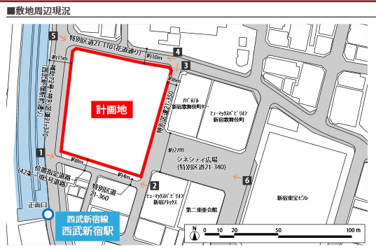 ビル建設予定地。赤い線で囲まれた左側が西武新宿線。至近距離である