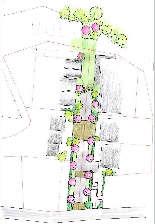 中央に作られる通路のイメージ図。桜が植えられ、植栽が配されるなどで中庭的な雰囲気の通路になる予定だ