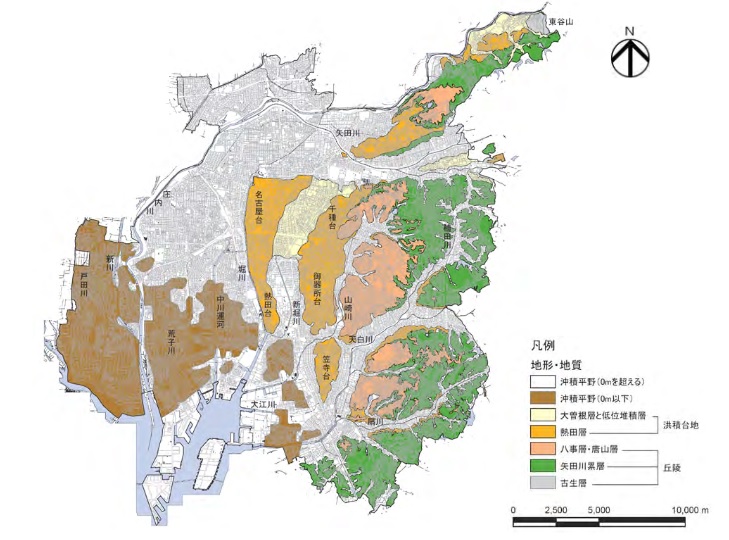 名古屋市のホームページから。中央部の薄い茶色部分が台地、左側の濃いこげ茶部分は0ｍ以下の土地、白い部分は0ｍ以上はあるものの低地
