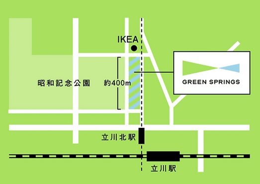 昭和記念公園とは道１本を隔てて向かい側、再開発エリアファーレ立川はモノレールを挟んで東側、IKEAの北側は業務エリアで、モノレール沿いにはららぽーとも。賑わいが凝縮された中心に立地することになる