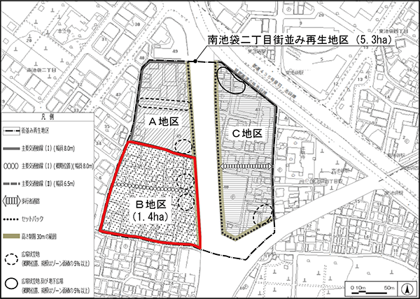 南池袋二丁目再開発計画図 A街区は豊島区役所のある 豊島エコミューザタウン。 開発予定のB街区、C街区に は50階以上のタワーが3棟 建設予定。 