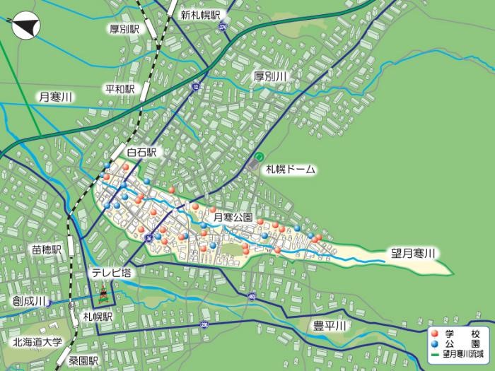 札幌市HPより望月寒川流域の流域貯留浸透事業の画像（色がついた学校、公園で工事が行われる）