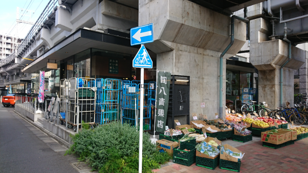 大崎広小路駅側から臨む、五反田高架下。青果店やライフスタイルショップ、飲食店が高架下に並んでいる。