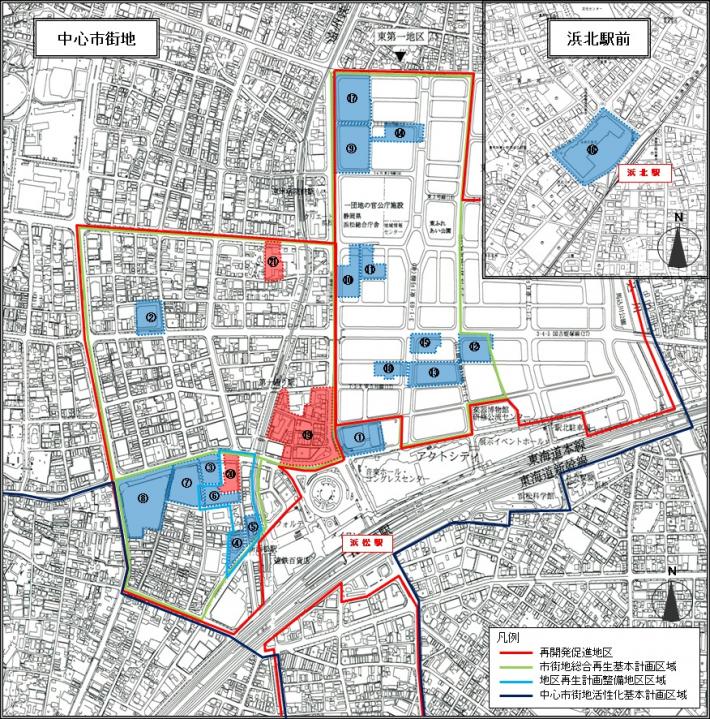 ▲浜松市の市街地再開発事業地区。21地区中19の地区ですでに再開発事業が完了。2021年度中にすべてに事業が完了予定だ
