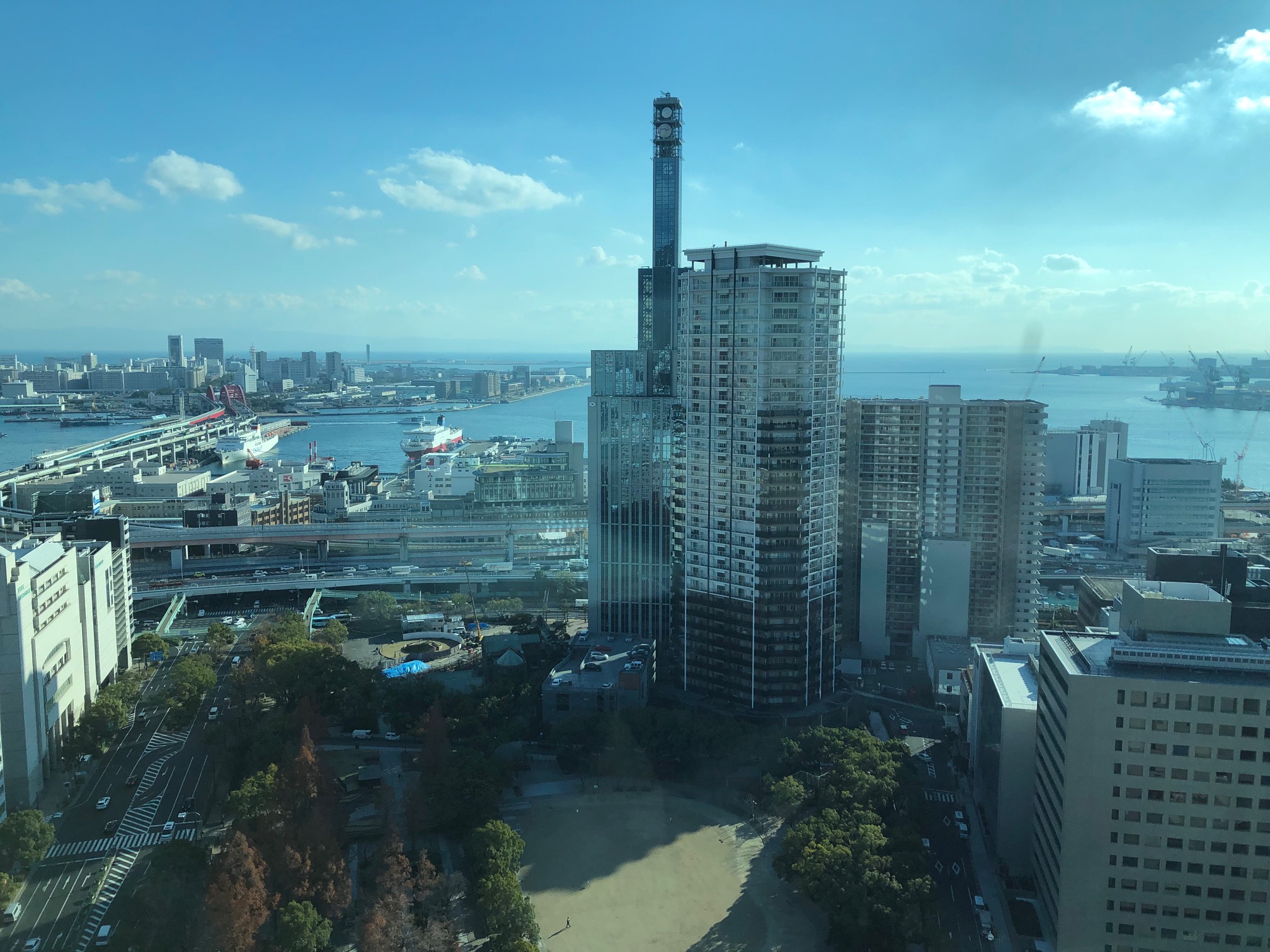 神戸市役所から見た新港突堤西地区。左側には第3突堤のフェリーターミナルや第4突堤の神戸ポートターミナルが確認できる。