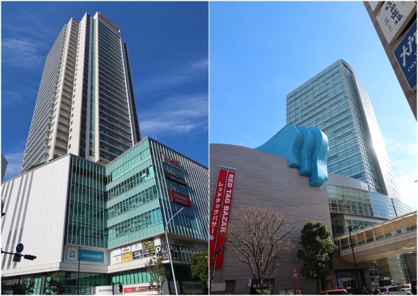 横浜南部のランドマークにふさわしい、上大岡駅前のシンボル、ゆめおおおかオフィスタワー。通勤の利便性の高いビルに多くの企業が入居している（右）。左写真は映画館やヤマダ電機、飲食店などが入る商業施設「mioka」。上部はマンション