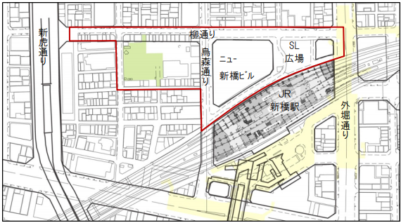 新橋駅西口の再開発検討区域。SL広場、ニュー新橋ビル、桜田公園のエリアに、30階建て以上の高層ビルが2棟以上建つ予定だ。 
