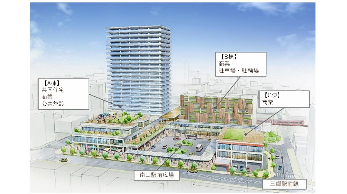 三郷駅周辺まちづくり事業の計画案(イメージパース)。内容は現時点のものであり、今後の検討・協議により変更する可能性がある。