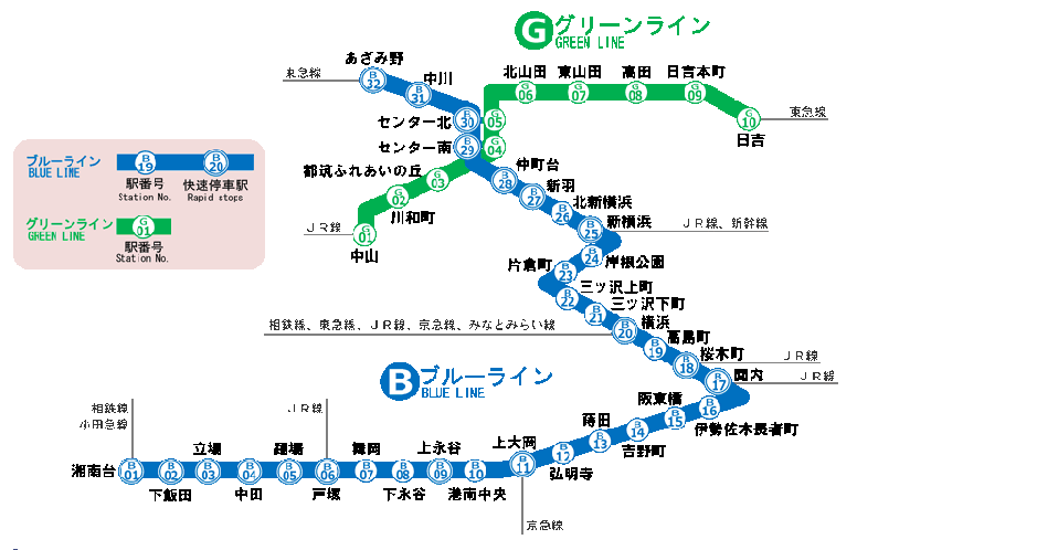 横浜市営地下鉄の路線図。市内だけではなく都心部へのアクセスも良好で、横浜の基幹交通としてなくてはならない路線だ。 出典：横浜市営交通局 