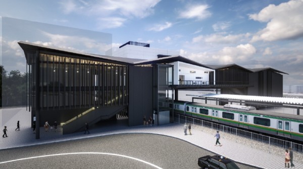 2032年頃開業予定の村岡新駅（仮称）の完成イメージ図（南側。現時点でのイメージであり、実際とは異なる場合があります。神奈川県提供）