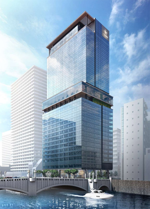 「（仮称）大阪三菱ビル建替え計画」の完成イメージ。ガラスファサードによる軽やかなデザインで、オフィスやホテルからは堂島川が見渡せる（出典：三菱地所株式会社）