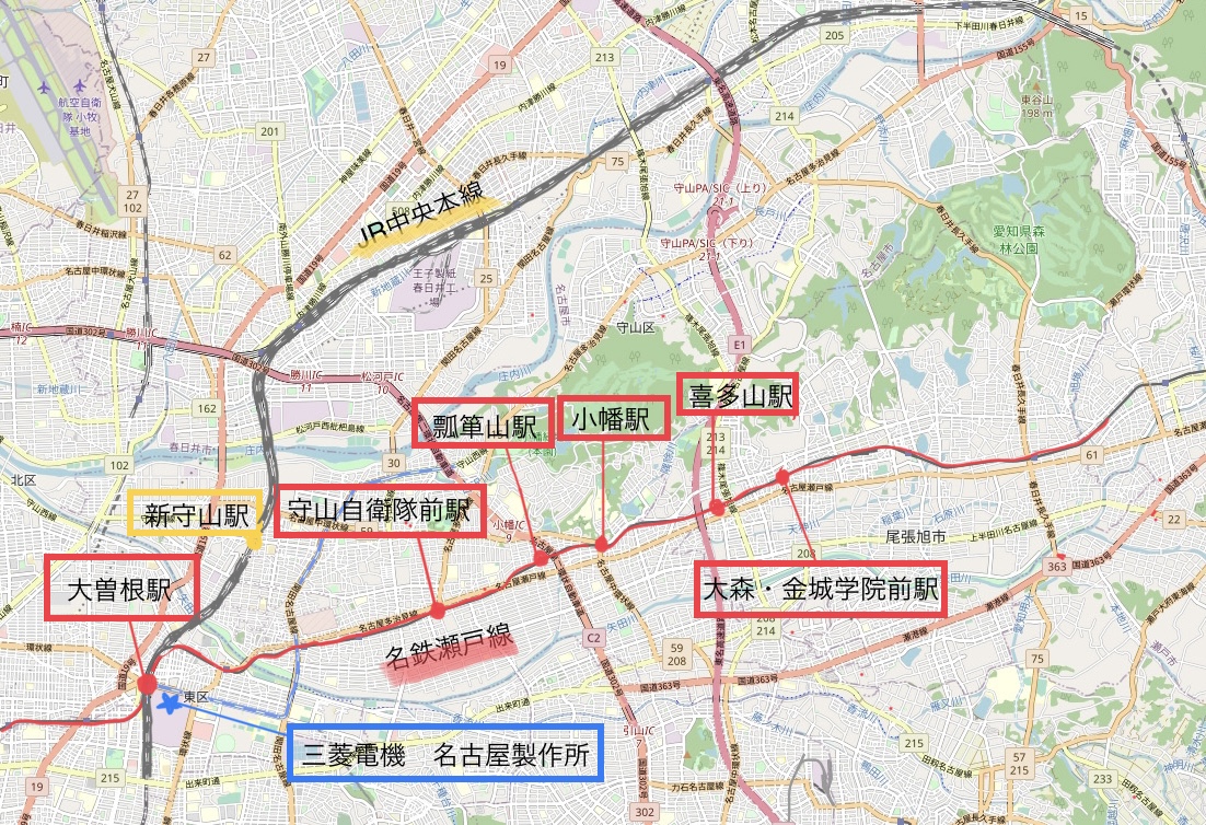 大曽根駅から西に名鉄瀬戸線、北にJR中央本線がのびている。c OpenStreetMap contributors