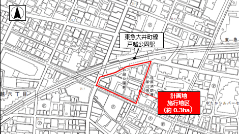 マンションの完成イメージや位置図。駅至近に広場や敷地内道路のある建物になる予定。 出所：東京都ホームページ 