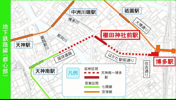 七隈線の延伸区間と新駅の場所を示した地図。「櫛田神社前」からは櫛田神社、中洲川端商店街、キャナルシティ博多などが近い。 出所：福岡市地下鉄 