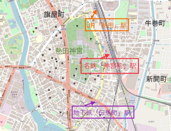 熱田神宮エリアの参考地図。熱田神宮のほか白鳥庭園などもあり、都心の利便性を享受しつつも緑が豊かなのも魅力です。(C) OpenStreetMap contributors