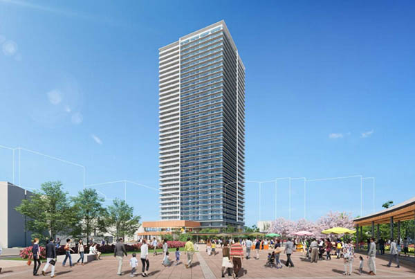 京阪「古川橋」駅北側の再開発エリアのシンボルタワーとなる高層マンションの完成予想パース（出典：門真市）