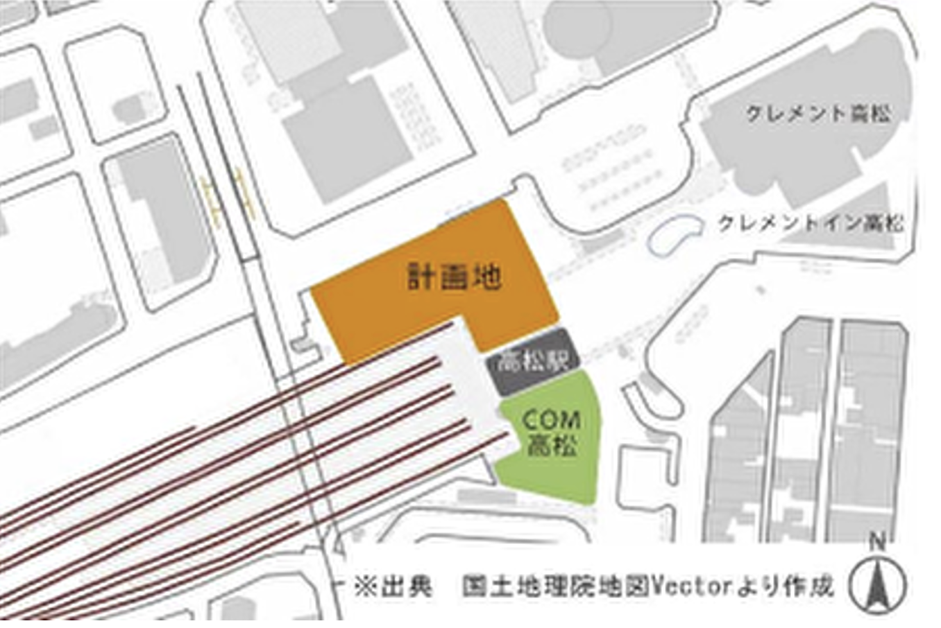 開発予定地は2019年以降空地となっている区画と駐車場として利用されているエリア。 ※引用：JR四国 