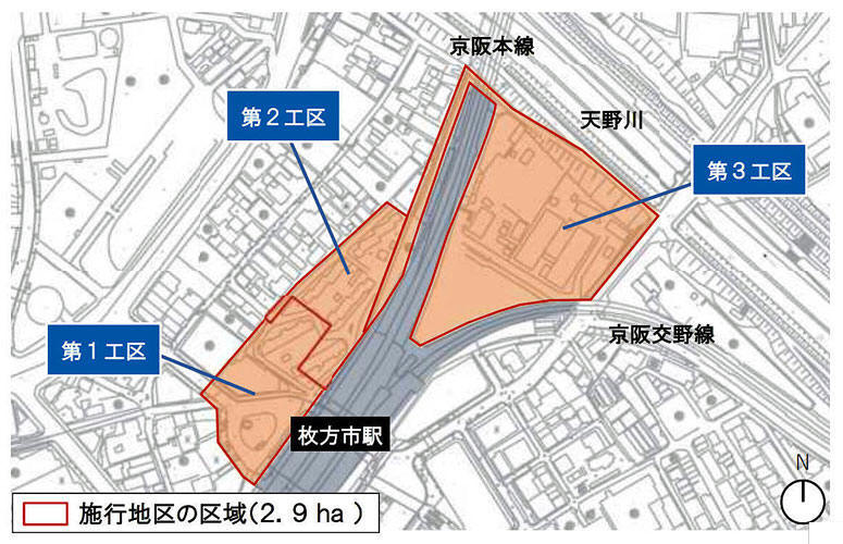 「枚方市」駅の北側と東側の敷地を合わせた計2.9haが施工地区区域に（出典：枚方市）