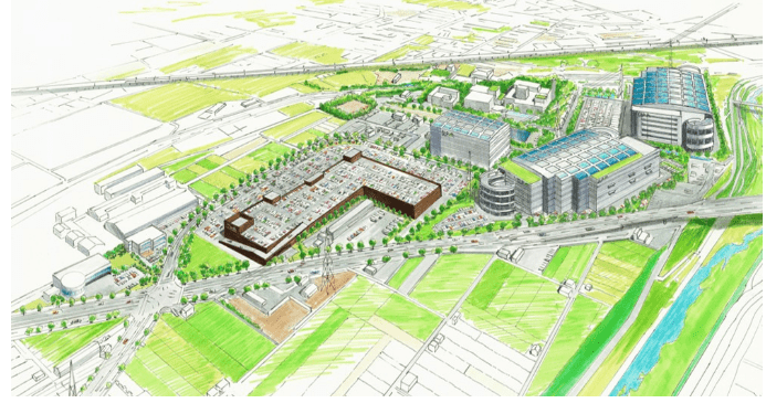 2020年8月に発表された南目垣・東野々宮地区の開発地のイメージ図。左側が商業ゾーンで、右側が物流ゾーンであることが分かる（出典：茨木市）