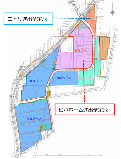約28haある区内は、「商業ゾーン」「物流ゾーン」「農地ゾーン」「事業ゾーン」に四分割される予定（出典：茨木市）