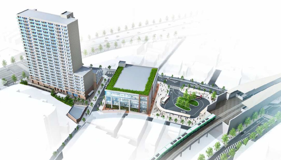 光善寺駅西地区市街地再開発の完成イメージ。高層マンション・商業ビル・交通広場が建設される（出典：枚方市）
