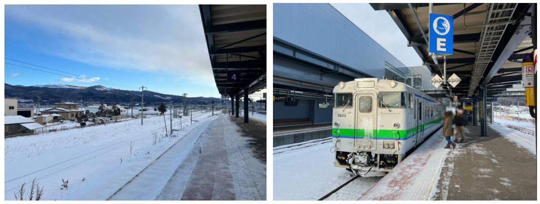 ▲隣接する北海道第3の大都市「函館」まではローカル線で25分。1車輛だけの小さな電車で雪の大平原の中を移動する