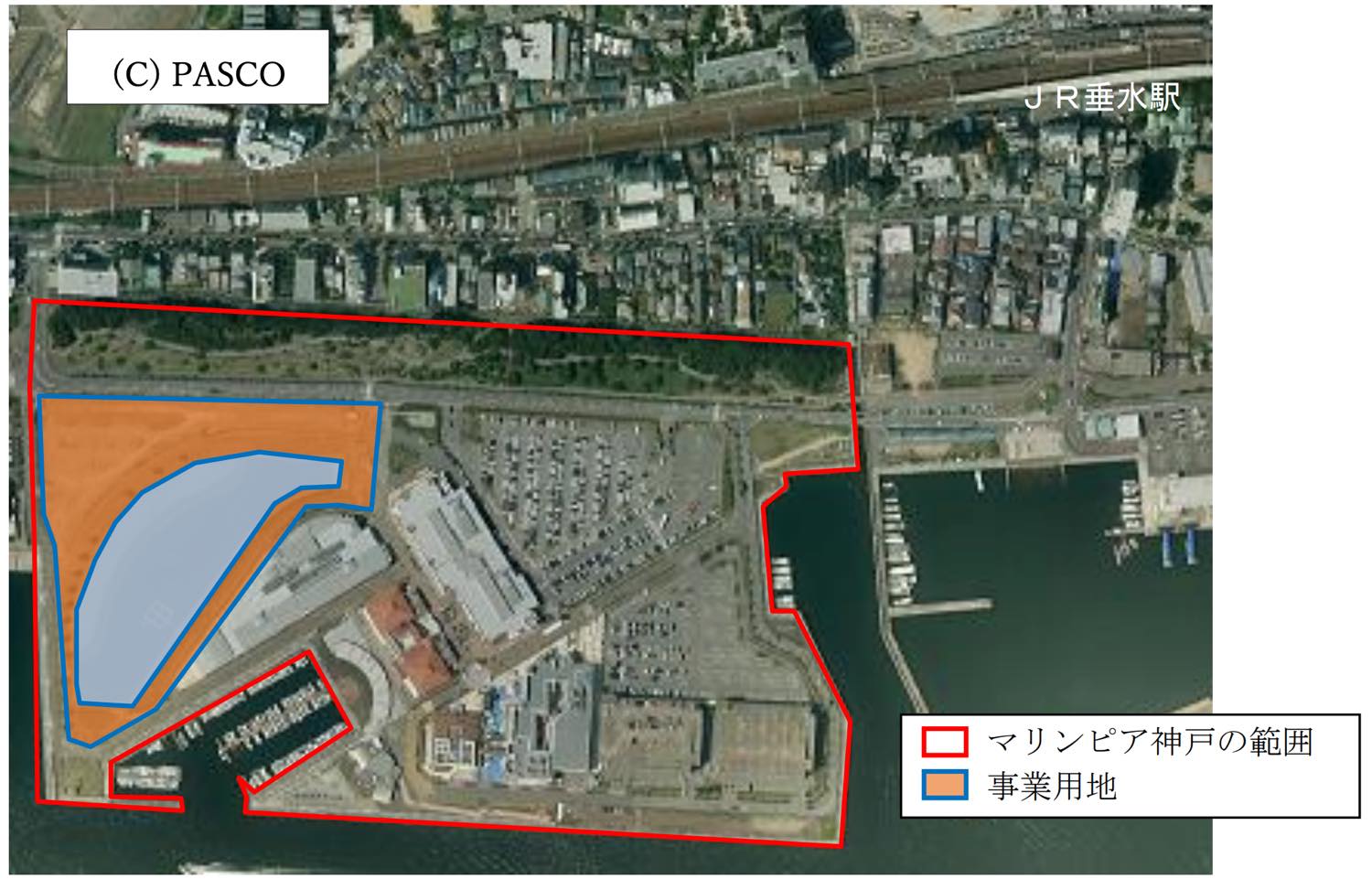三井アウトレットパークの北西に近接する約2万㎡強の未利用地を活用し、マリンピア神戸全体の活性化を図る（出典：神戸市）
