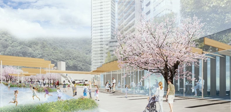 駅前広場と一体となり、フラワーロードの起終点は桜の名所として、より魅力ある空間へと再整備される「生田川公園」（出典：神戸市）