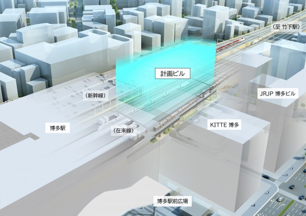 「博多駅空中都市プロジェクト」の鳥瞰イメージ。博多駅線路上空（在来線竹下川）に最先端の複合ビルを建設する。 出所：プレスリリース