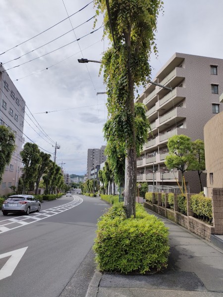 京王線稲城駅近くの街並み。整然と高級分譲マンションが立ち並び、遠方には里山を望むことができ、美しい