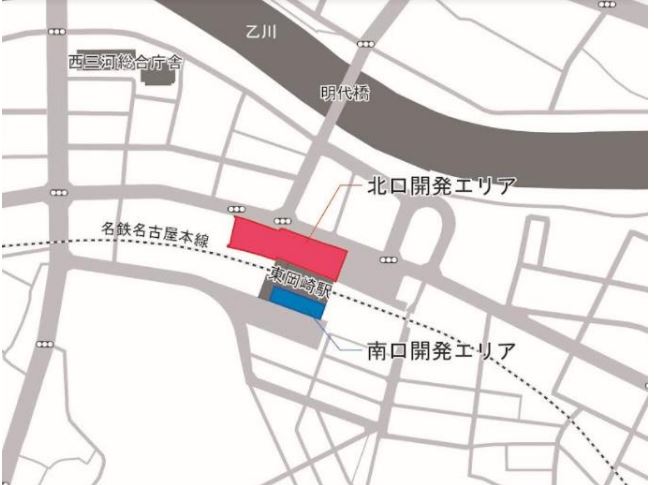 開発地計画エリア図（リリースより）。東岡崎駅の北口側、南口側を一体化した再開発が行われる