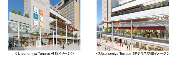 Utsunomiya Terraceの完成イメージ。場所はJR宇都宮駅東口を出た正面で、駅から徒歩1分の距離。ホテルが入るだけではなく商業施設がオープンすることで、にぎわいの創出が期待される。 出所：ニュースリリース