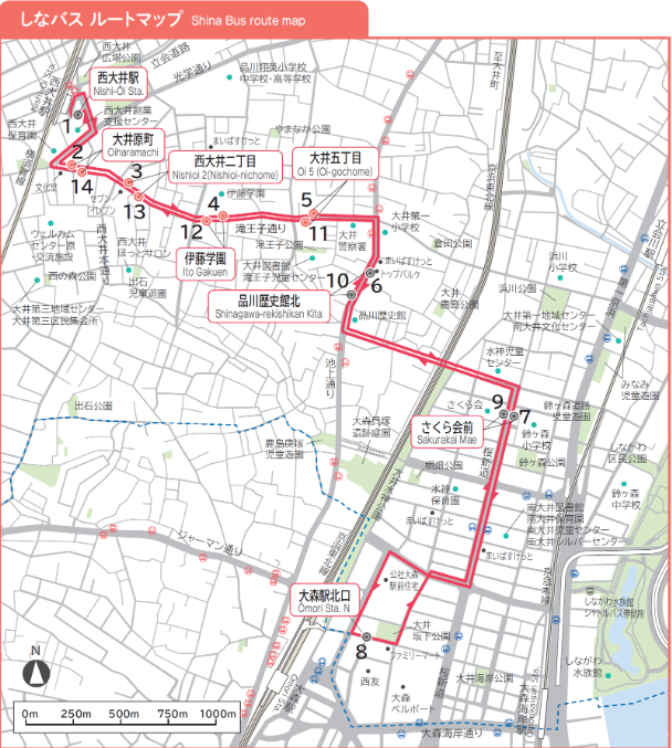 「しなバス」のルート。滝王子通り、池上通り、桜新道などを経由。大井町駅から大森駅まで8つの停留所を設置している。 出所：品川区ホームページ