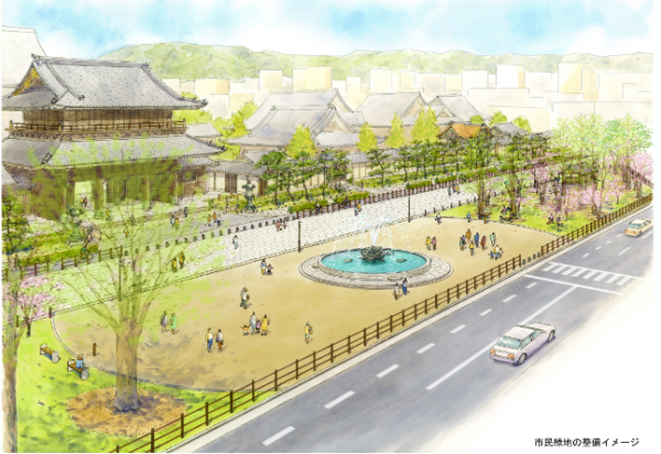市民緑地の整備イメージ。これまでも東本願寺前は「下京・京都駅前サマーフェスタ」など、地域活性化に向けた取り組みや活用が展開されていた。 出所：京都市情報館