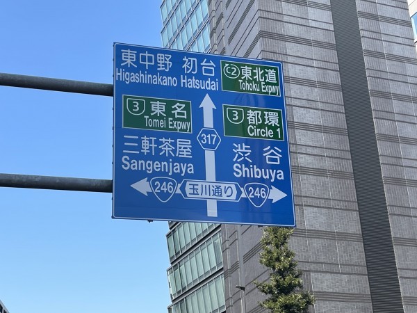 渋谷付近で山手通の道路標示を見ると新宿方面が「初台」と示されており、交通の要所であることも伺える。