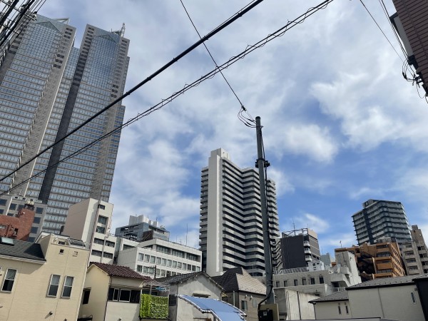 再開発エリア現地の様子。奥に見える新宿中心部の高層ビルと異なり、一部だけ低層地域が残っている様子が見て取れる。