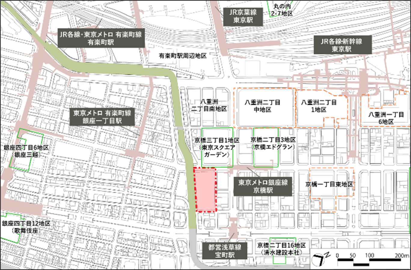 「（仮称）京橋三丁目東地区市街地再開発事業」の計画地。東京メトロ銀座線の京橋駅に隣接する立地で、近隣では他の再開発事業も進められている。 出所：プレスリリース