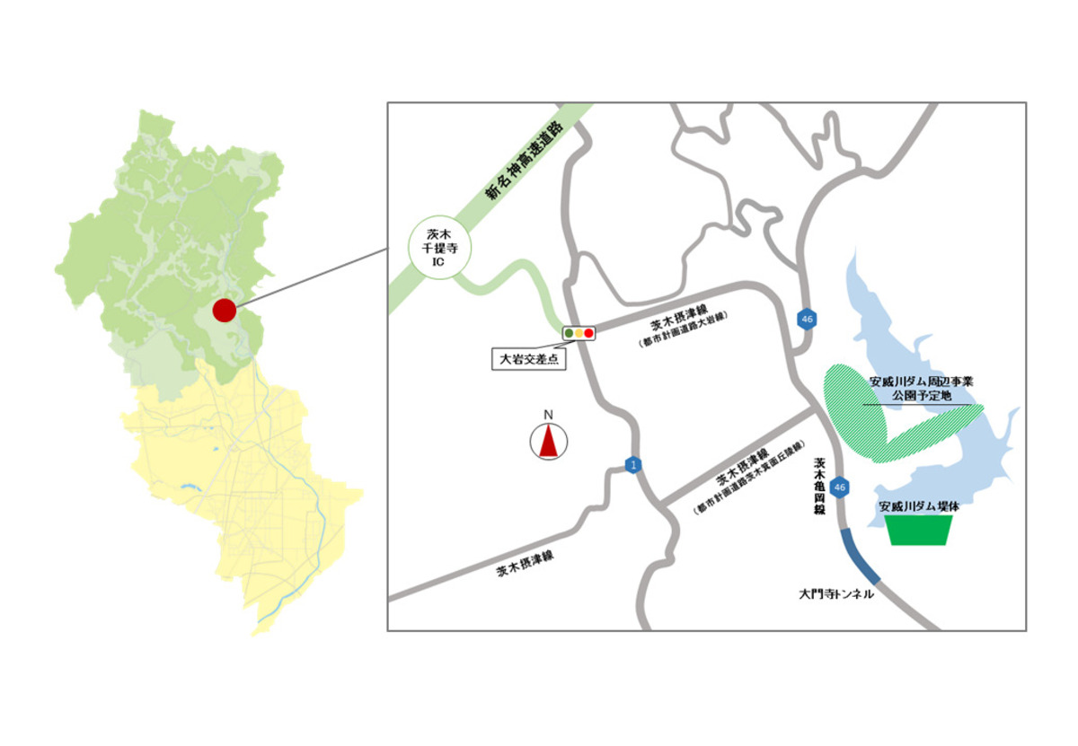安威川ダム、公園予定地の地図と拡大図（出典：茨木市）