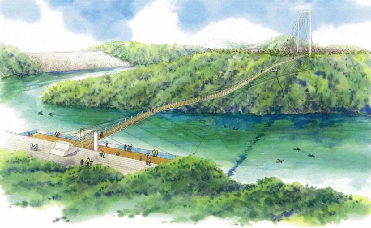 民間事業者によって建設・管理される吊り橋は、人道橋として日本最長の420メートル（出典：茨木市）