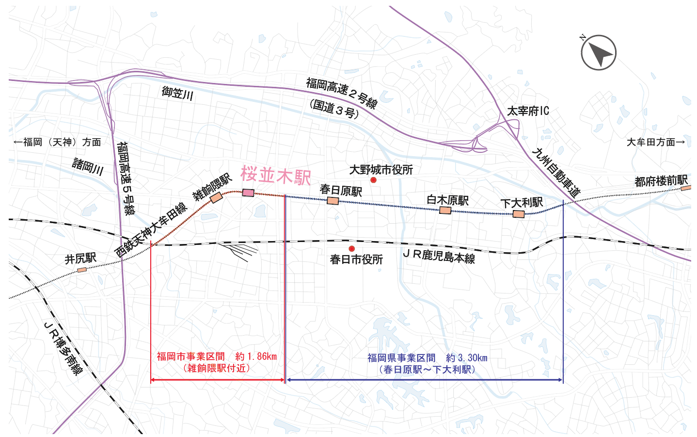 新駅の配置図。雑餉隈駅〜春日原駅の間にあるが、雑餉隈駅にかなり近い。 出所：プレスリリース