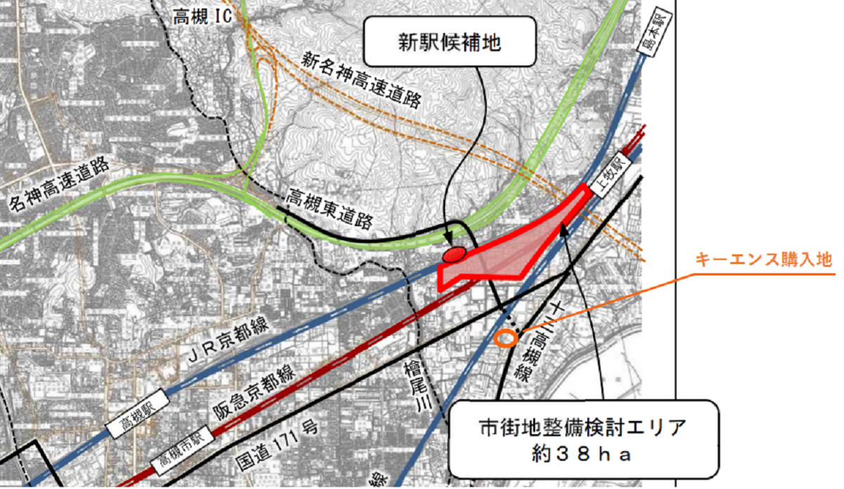 キーエンスが購入した土地と、高槻市・JR西日本が開発を進める地域の位置関係（出典：高槻市）
