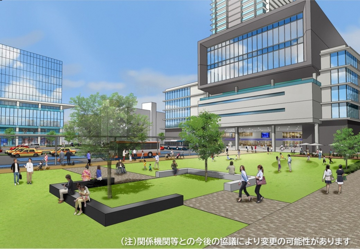 「JR加古川駅周辺まちづくり（案）」のイメージ図。交通広場を挟むように、新設されたカピル21ビル（右）やサンライズ加古川ビル（左）が見える（出典：加古川市）