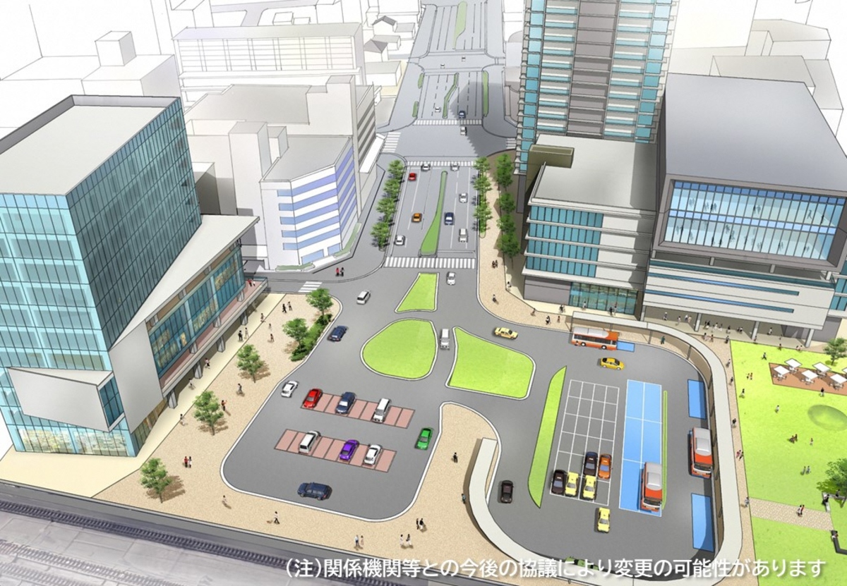 バスターミナルやタクシー乗り場、駅前広場を挟むように、新設されたカピル21ビル（右）やサンライズ加古川ビル（左）が見える（出典：加古川市）