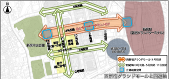 西新宿グランドモールと回遊性を示した図。モールを骨格軸としたウォーカぶるな都市空間の構築を目指す。 出所：「西新宿地区再整備方針」