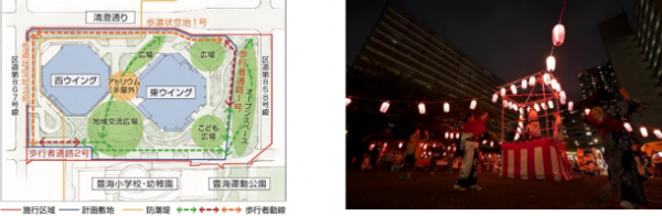 外構のイメージ（左）と豊海町盆踊りの様子。同プロジェクトを通じて、地域コミュニティ・交流拠点も形成する。 出所：ニュースリリース