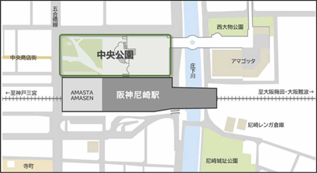 中央公園は阪神「尼崎」駅前のすぐ北側に位置（出典：尼崎市）